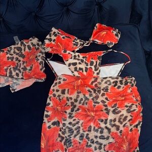 Vibrant Red Floral and Leopard Print Bikini Set